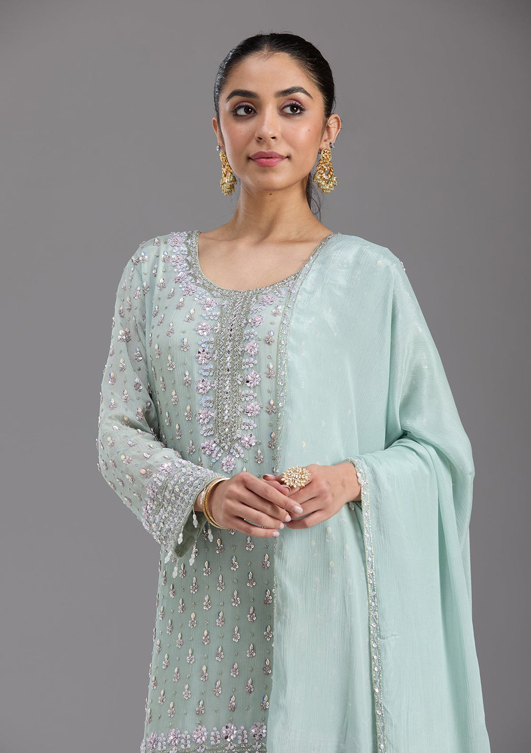Sea Green Mirrorwork Tissue Readymade Salwar Suit-koskii