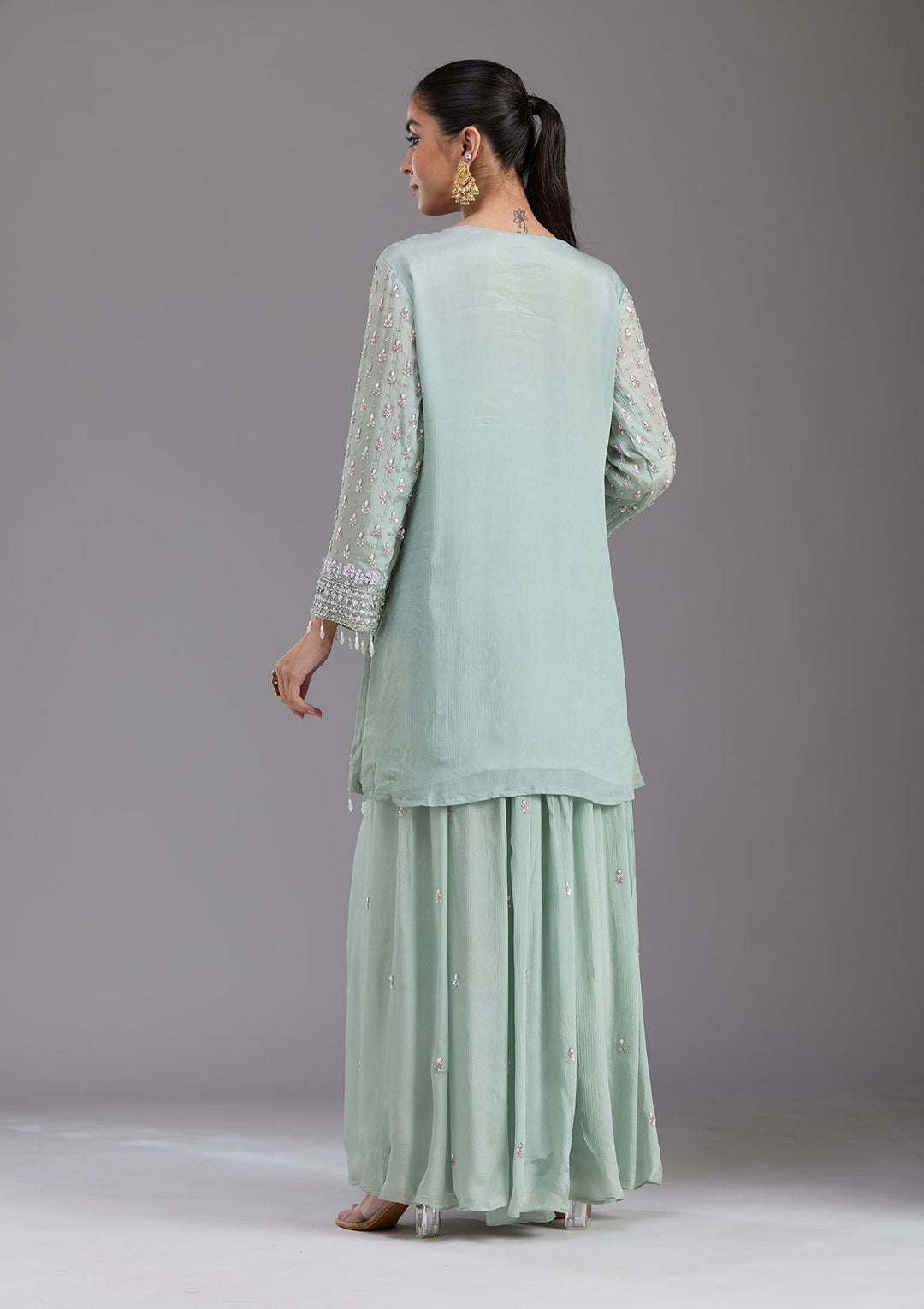 Sea Green Mirrorwork Tissue Readymade Salwar Suit-koskii