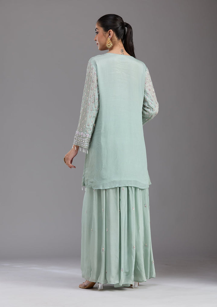 Sea Green Mirrorwork Tissue Readymade Salwar Suit-koskii