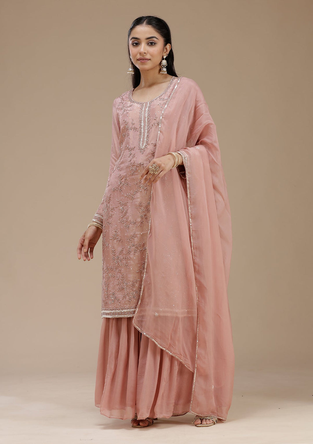 Peach Cutdana Tissue Readymade Salwar Suit_koskii