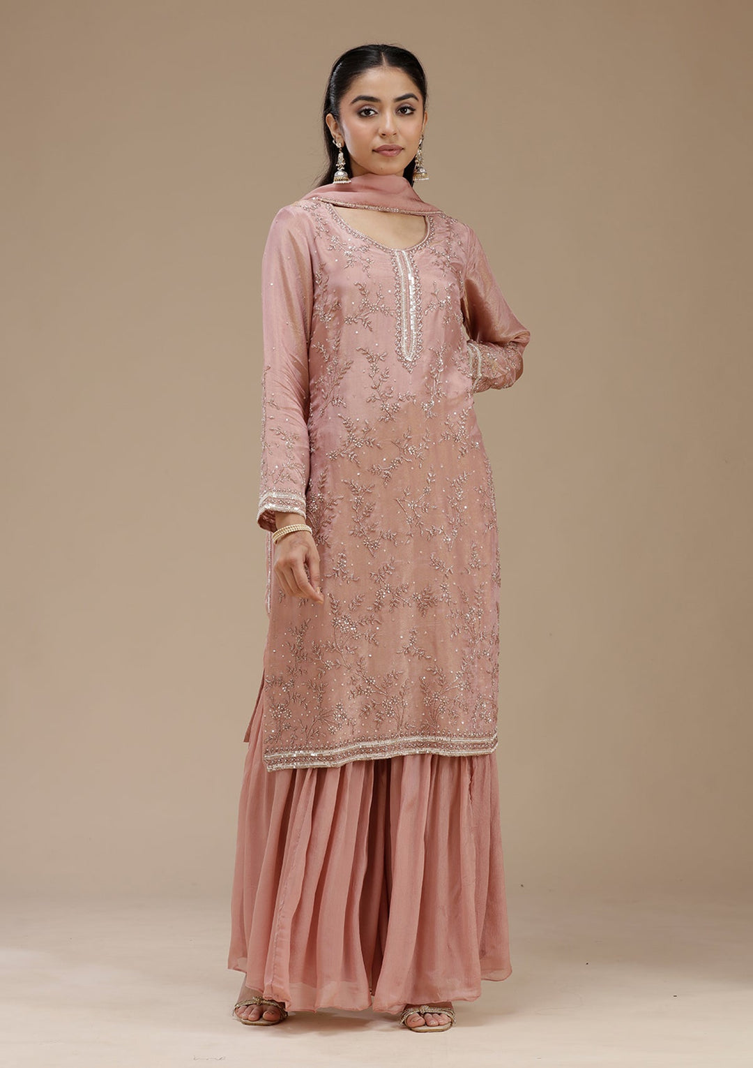 Peach Cutdana Tissue Readymade Salwar Suit_koskii