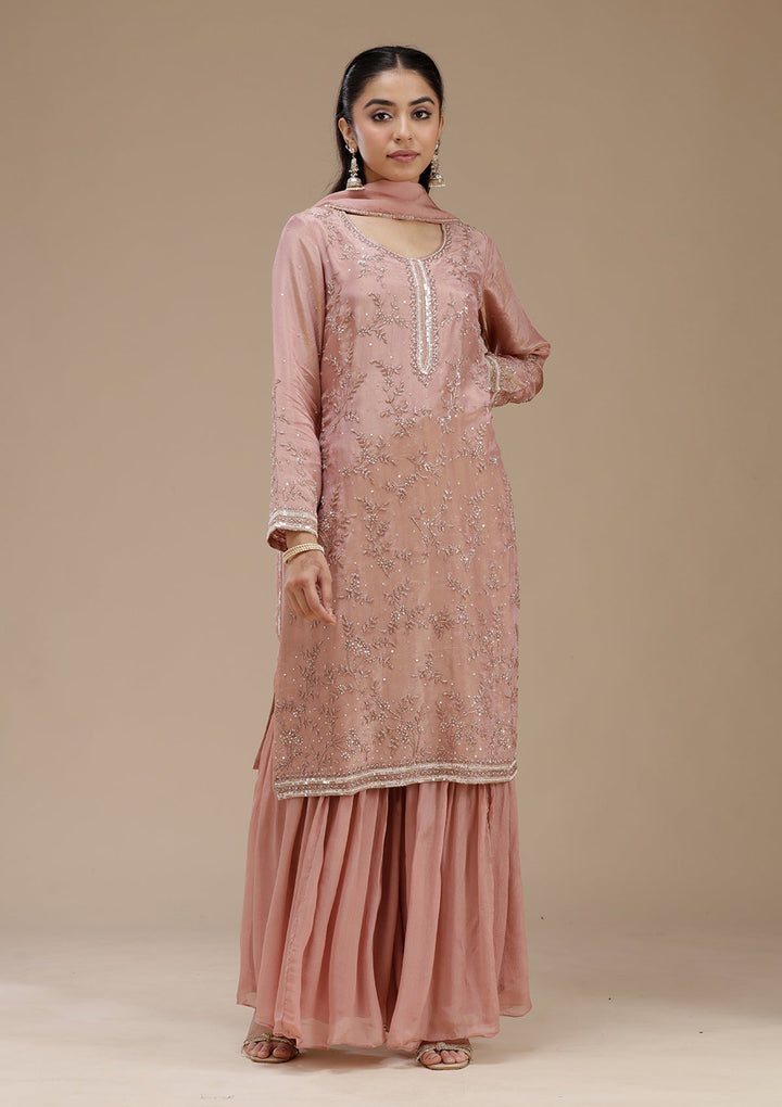 Peach Cutdana Tissue Readymade Salwar Suit_koskii