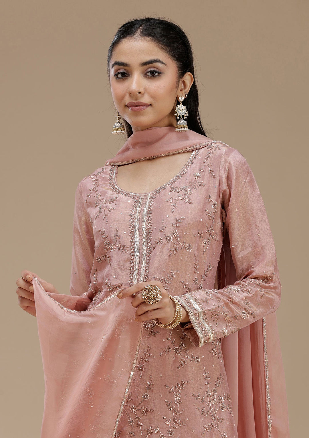 Peach Cutdana Tissue Readymade Salwar Suit_koskii