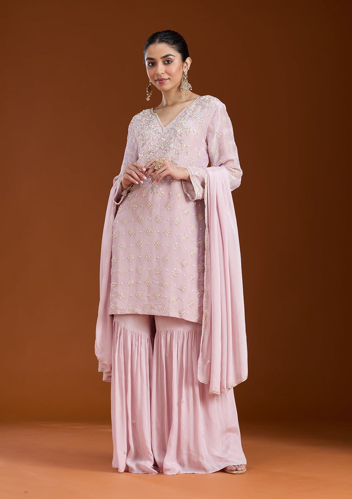 Baby Pink Cutdana Tissue Readymade Salwar Suit-koskii