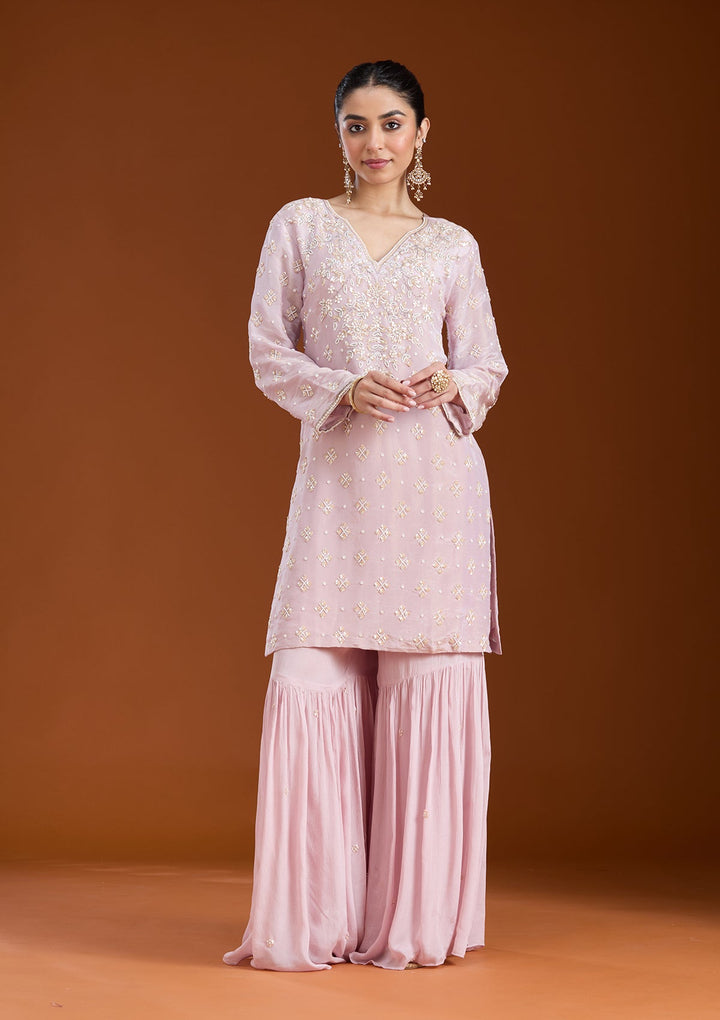 Baby Pink Cutdana Tissue Readymade Salwar Suit-koskii