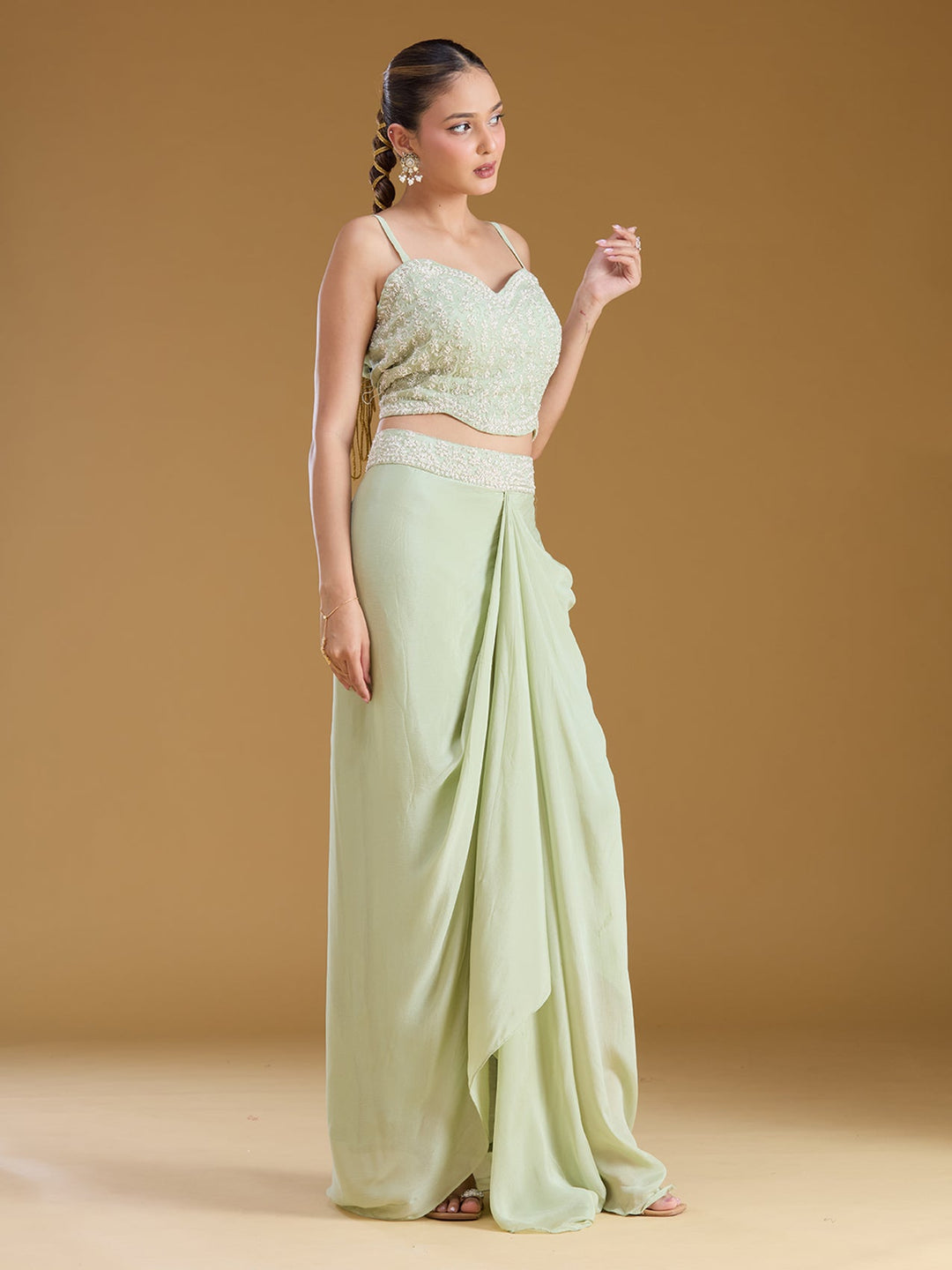 Pista Green Cutdana Tissue Readymade Salwar Suit