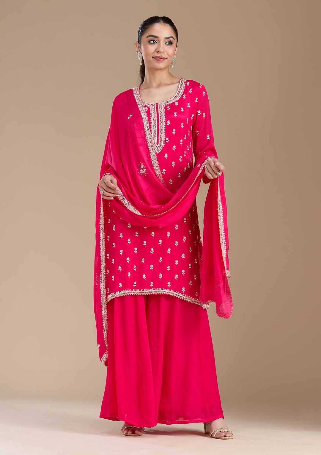 Magenta Pink Sequins Soft Raw Silk Readymade Salwar Suit-koskii