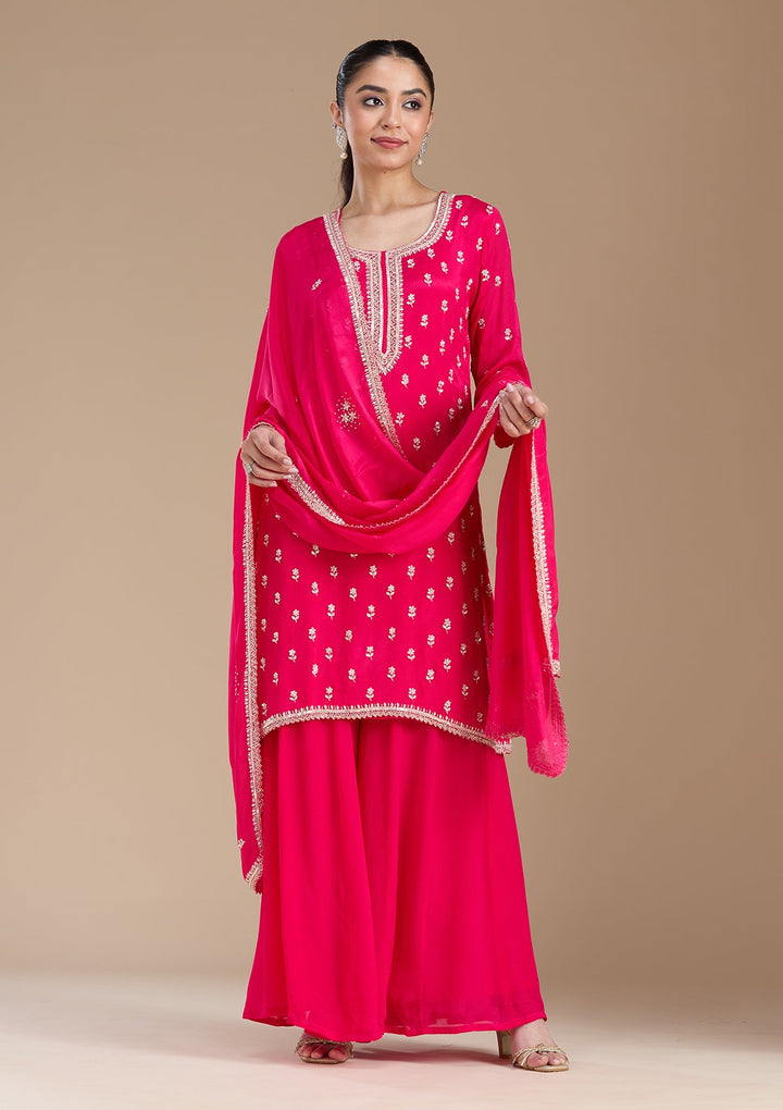 Magenta Pink Sequins Soft Raw Silk Readymade Salwar Suit-koskii