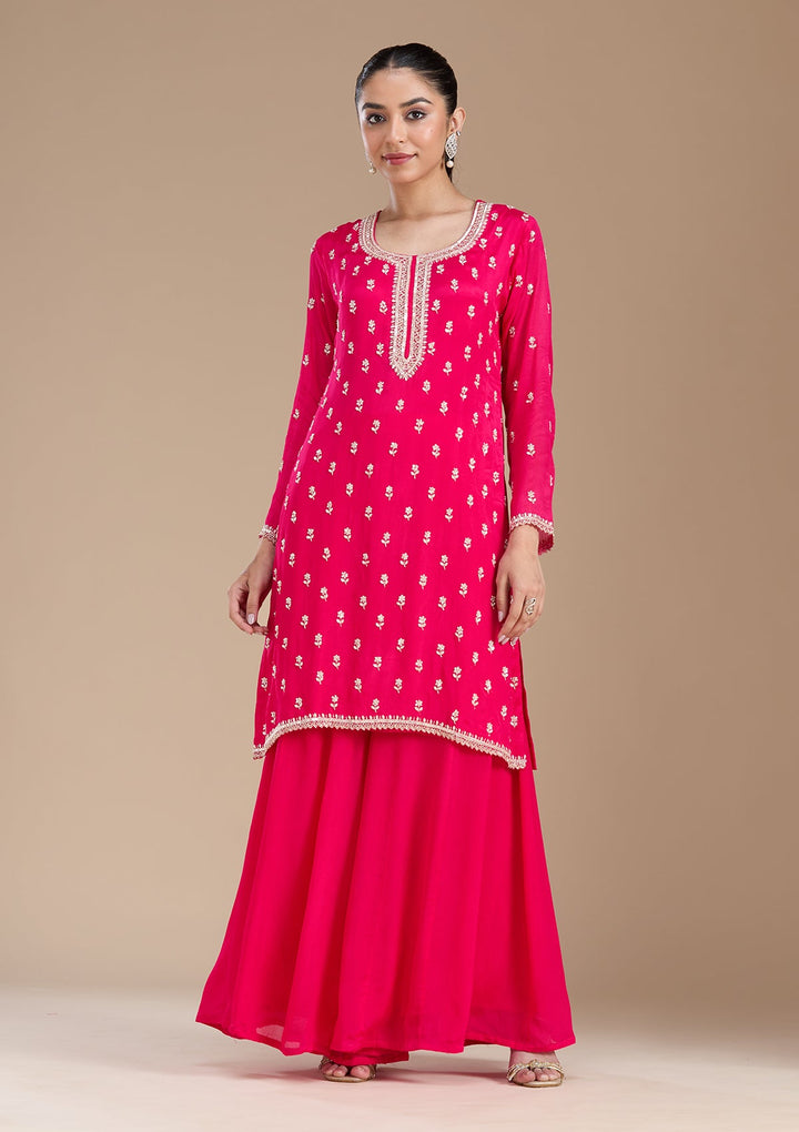 Magenta Pink Sequins Soft Raw Silk Readymade Salwar Suit-koskii