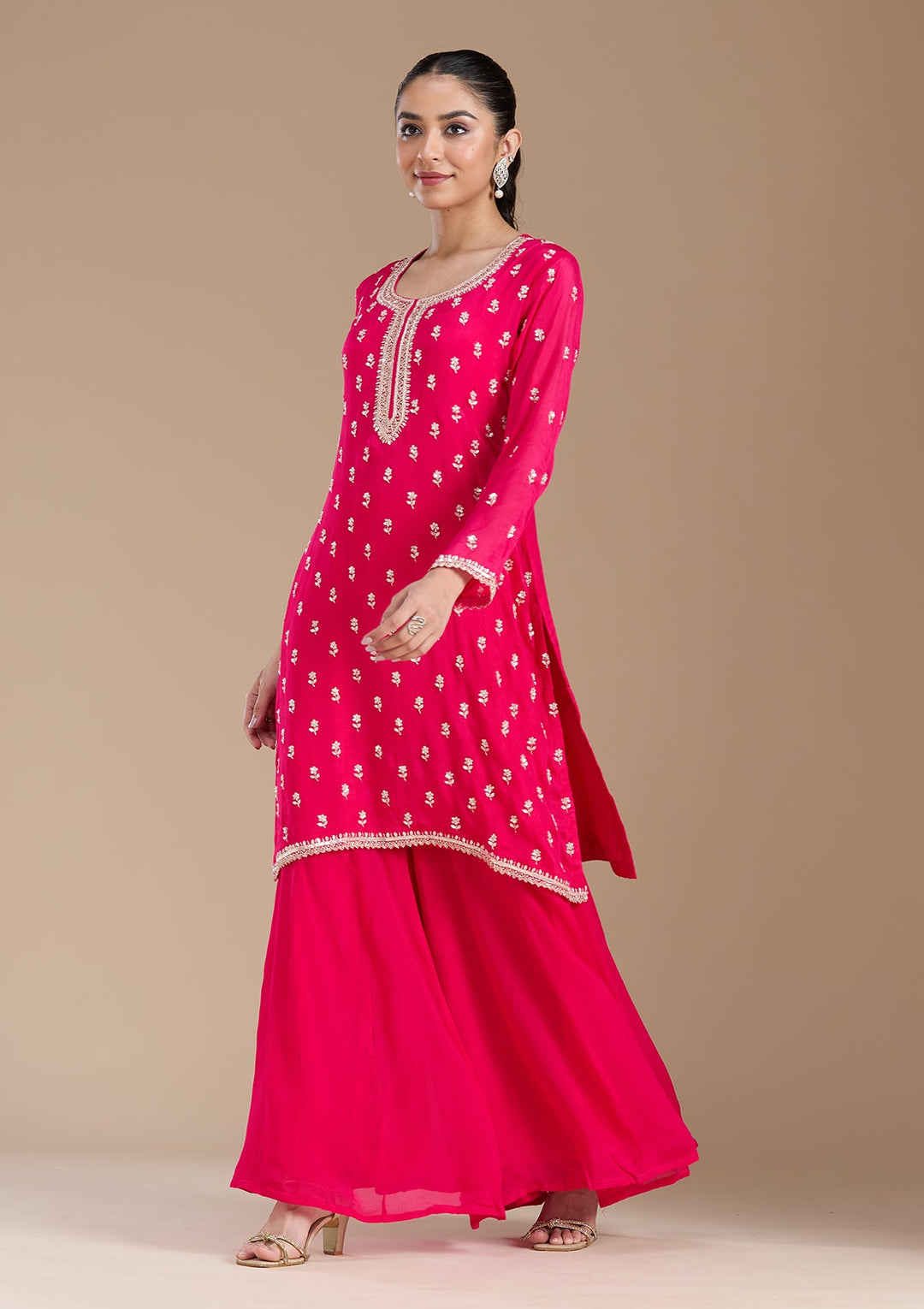 Magenta Pink Sequins Soft Raw Silk Readymade Salwar Suit-koskii