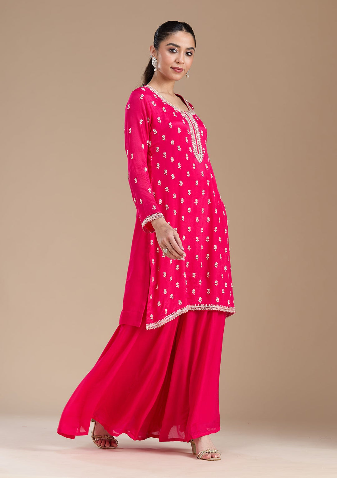 Magenta Pink Sequins Soft Raw Silk Readymade Salwar Suit-koskii