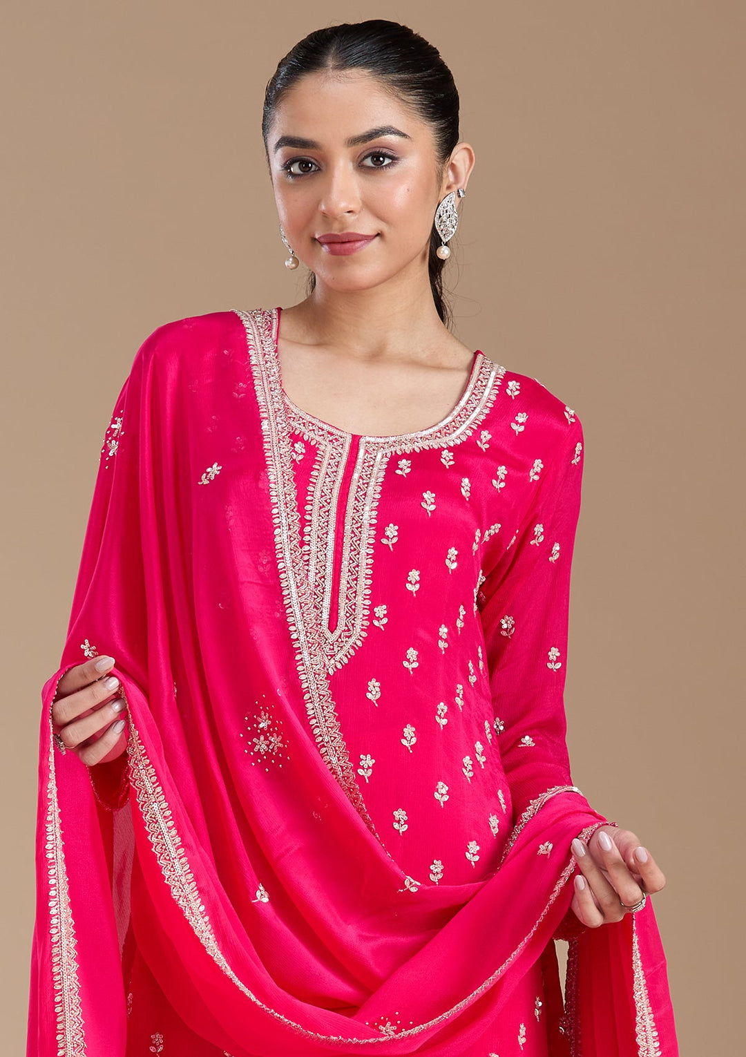 Magenta Pink Sequins Soft Raw Silk Readymade Salwar Suit-koskii