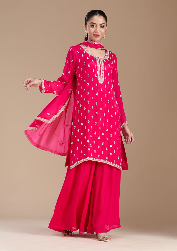 Magenta Pink Sequins Soft Raw Silk Readymade Salwar Suit-koskii