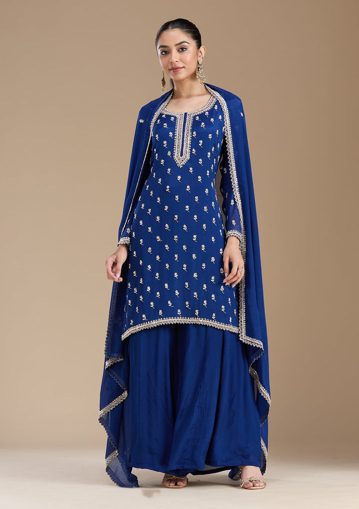 Navy Blue Sequins Soft Raw Silk Readymade Salwar Suit-koskii