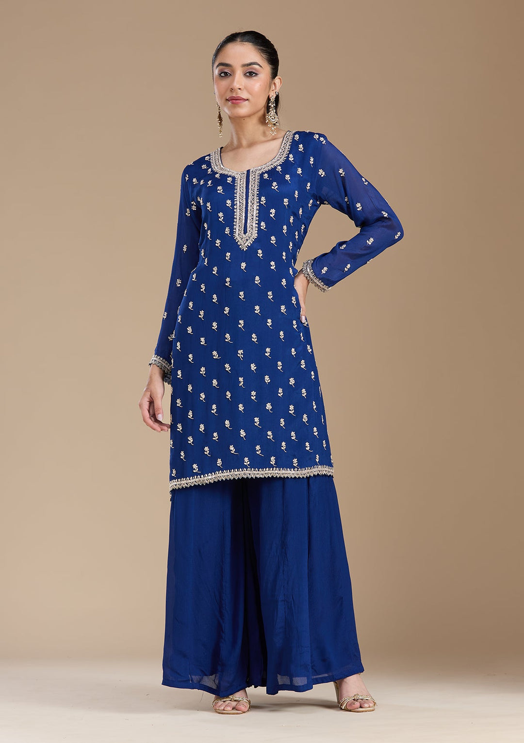 Navy Blue Sequins Soft Raw Silk Readymade Salwar Suit-koskii