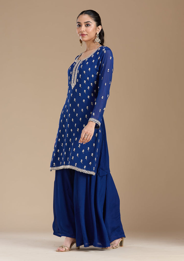 Navy Blue Sequins Soft Raw Silk Readymade Salwar Suit-koskii