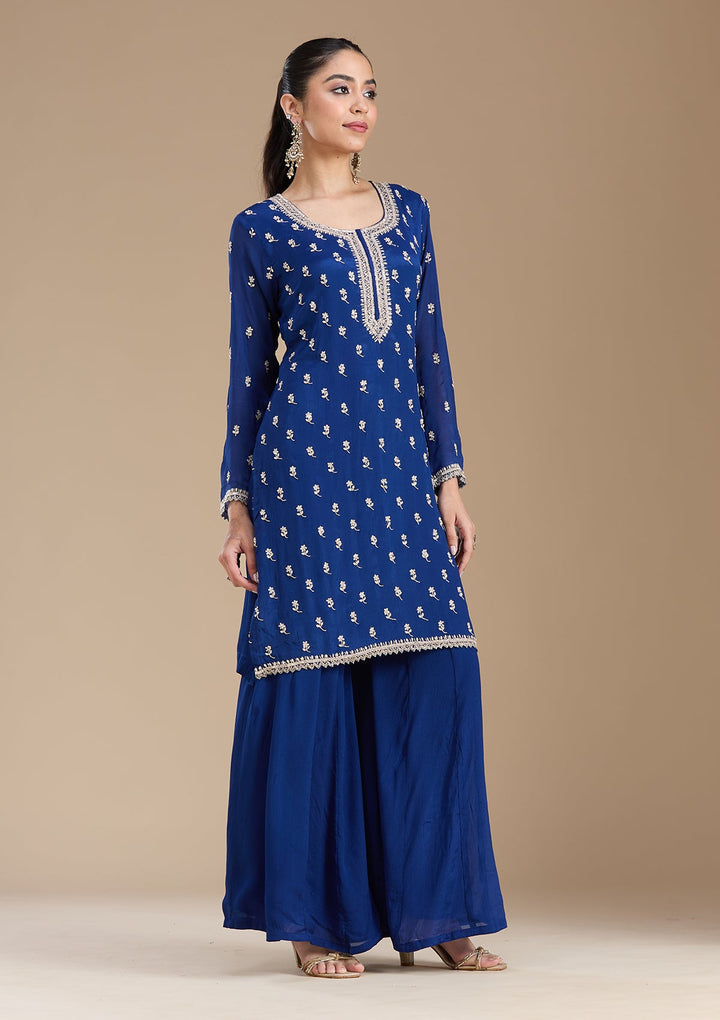 Navy Blue Sequins Soft Raw Silk Readymade Salwar Suit-koskii
