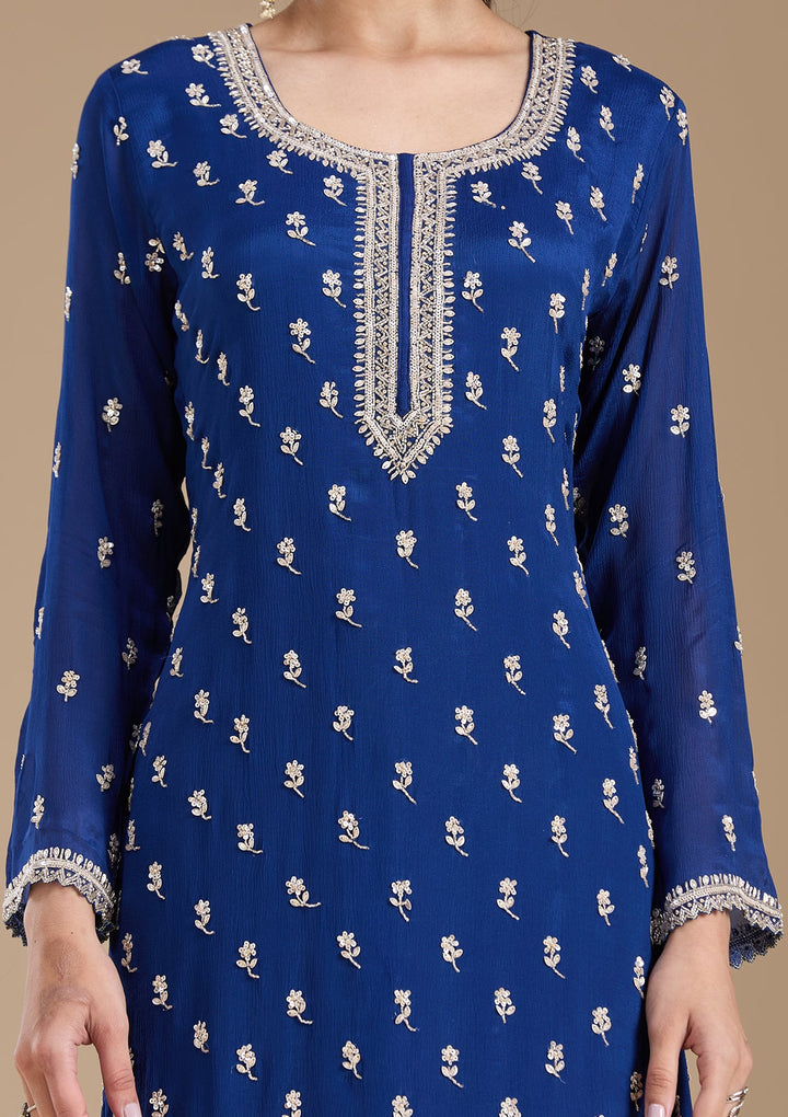 Navy Blue Sequins Soft Raw Silk Readymade Salwar Suit-koskii