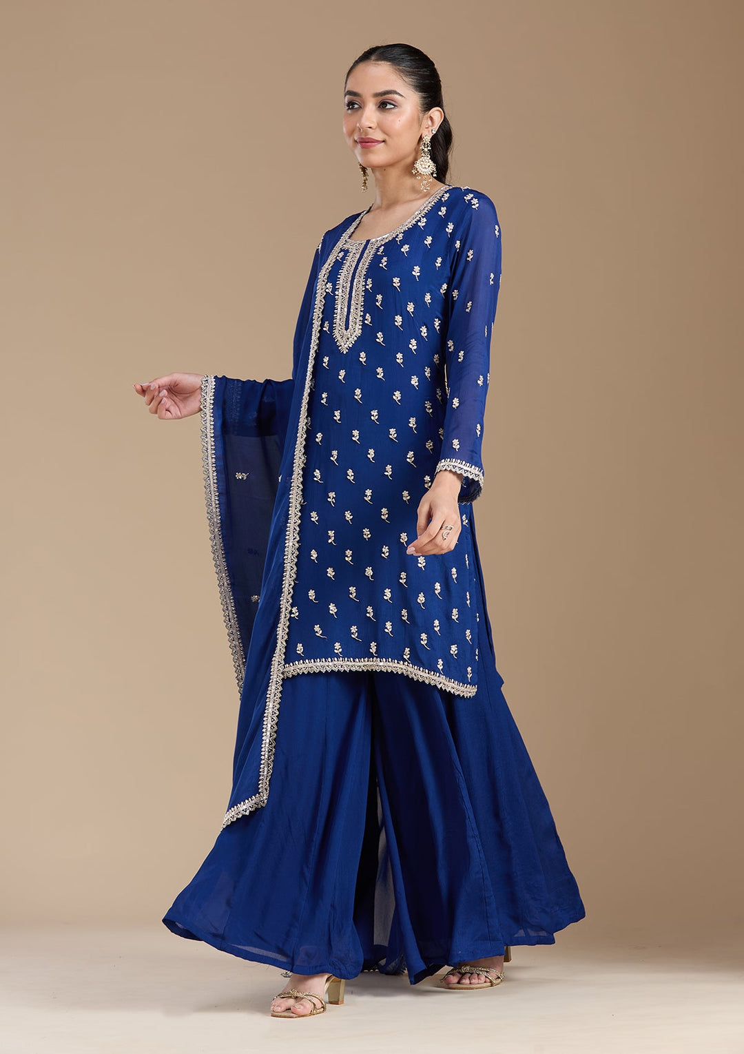 Navy Blue Sequins Soft Raw Silk Readymade Salwar Suit-koskii