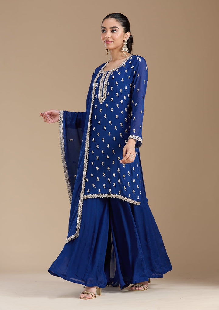 Navy Blue Sequins Soft Raw Silk Readymade Salwar Suit-koskii