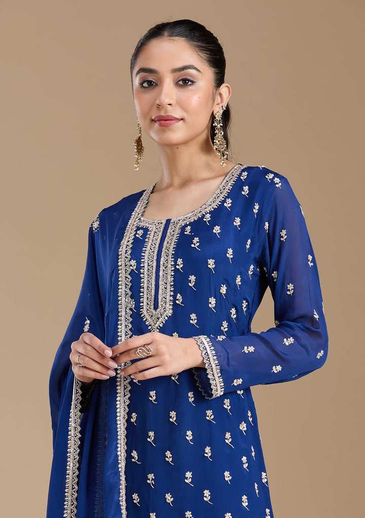 Navy Blue Sequins Soft Raw Silk Readymade Salwar Suit-koskii