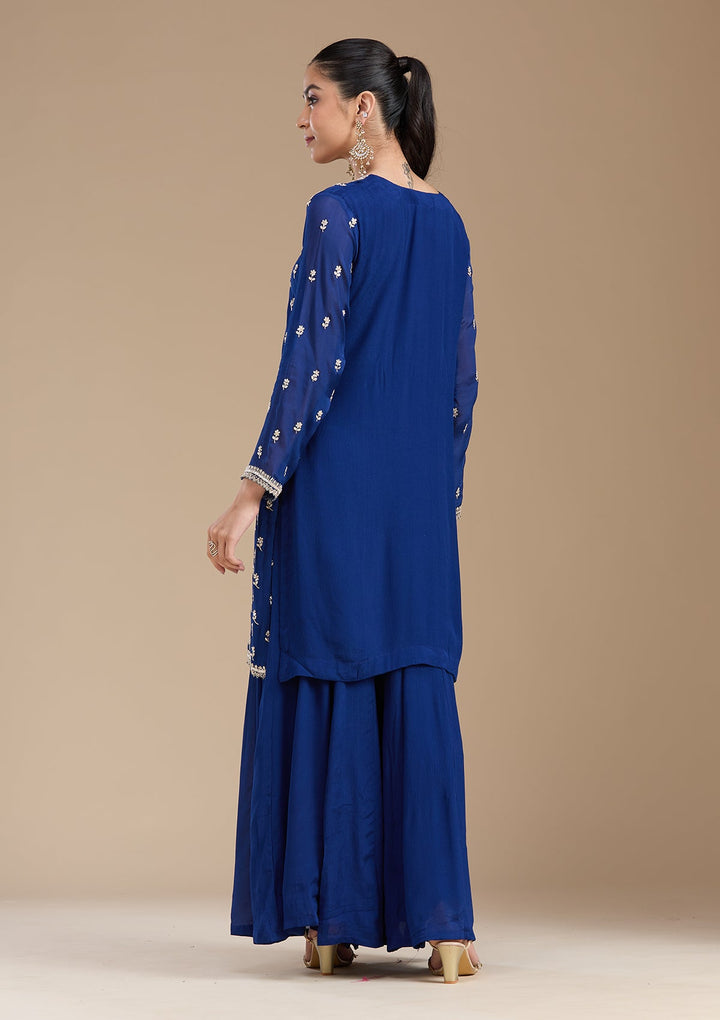 Navy Blue Sequins Soft Raw Silk Readymade Salwar Suit-koskii