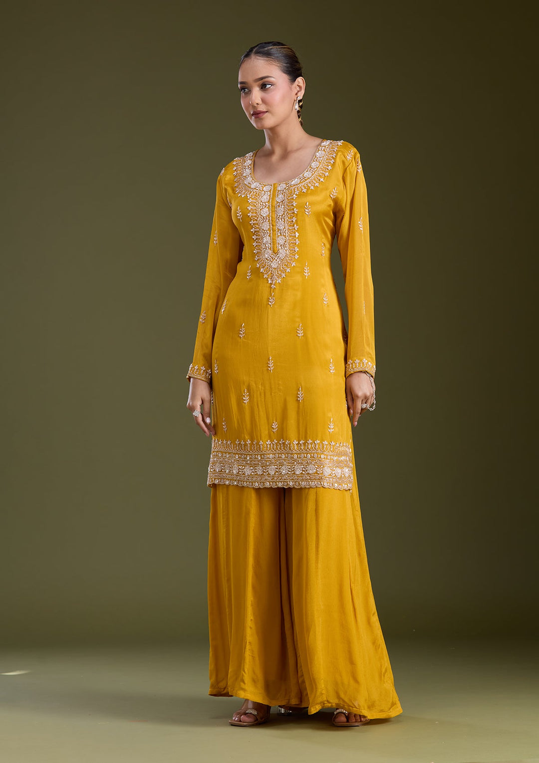 Mustard Yellow Sequins Soft Raw Silk Readymade Salwar Suit