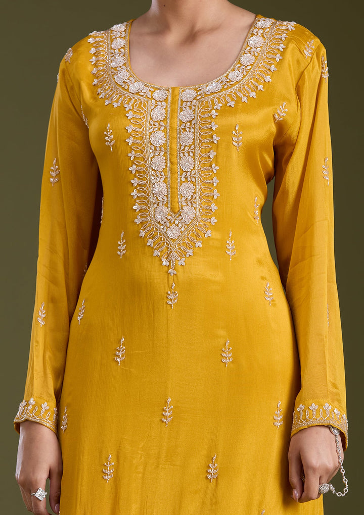 Mustard Yellow Sequins Soft Raw Silk Readymade Salwar Suit