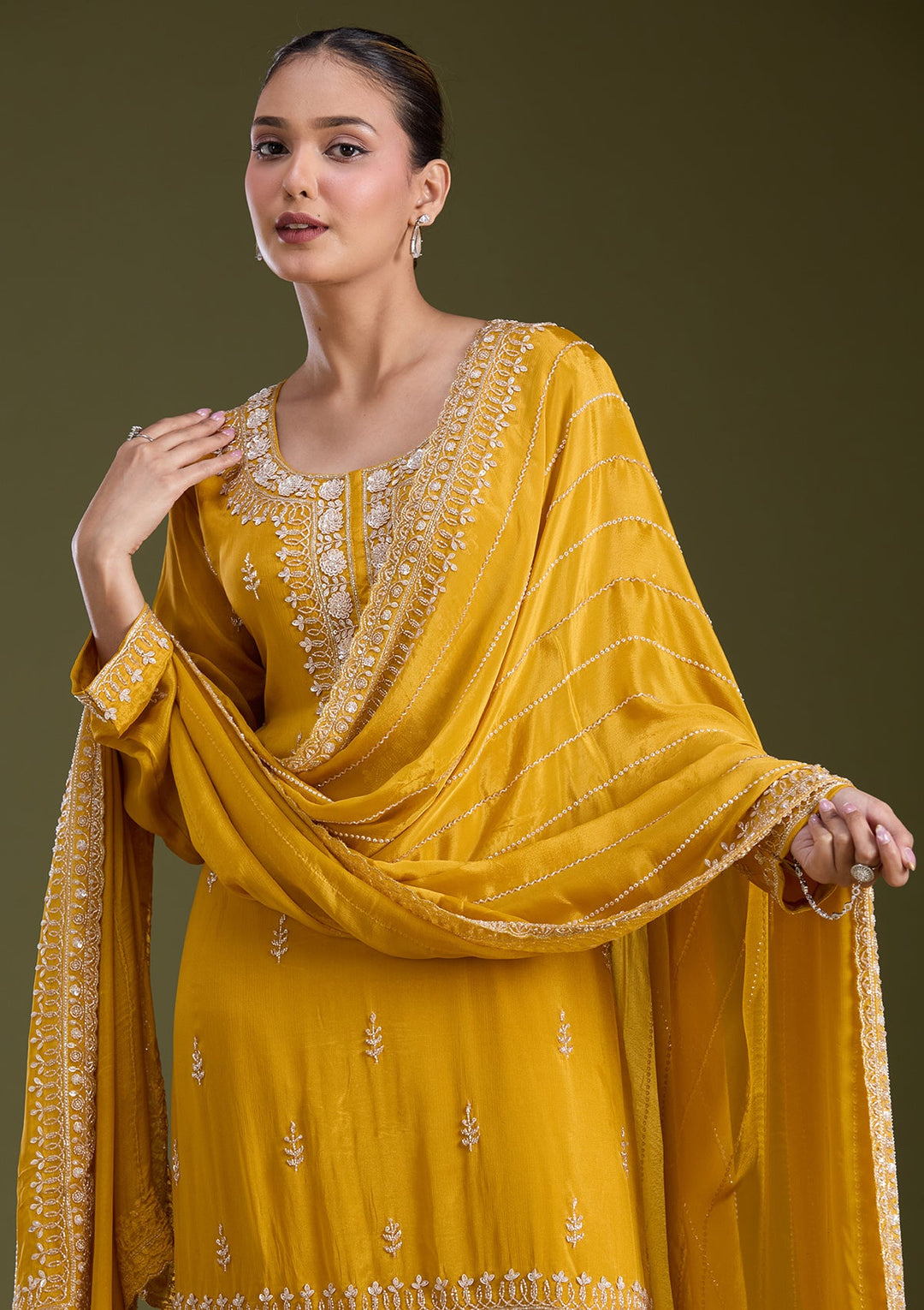 Mustard Yellow Sequins Soft Raw Silk Readymade Salwar Suit