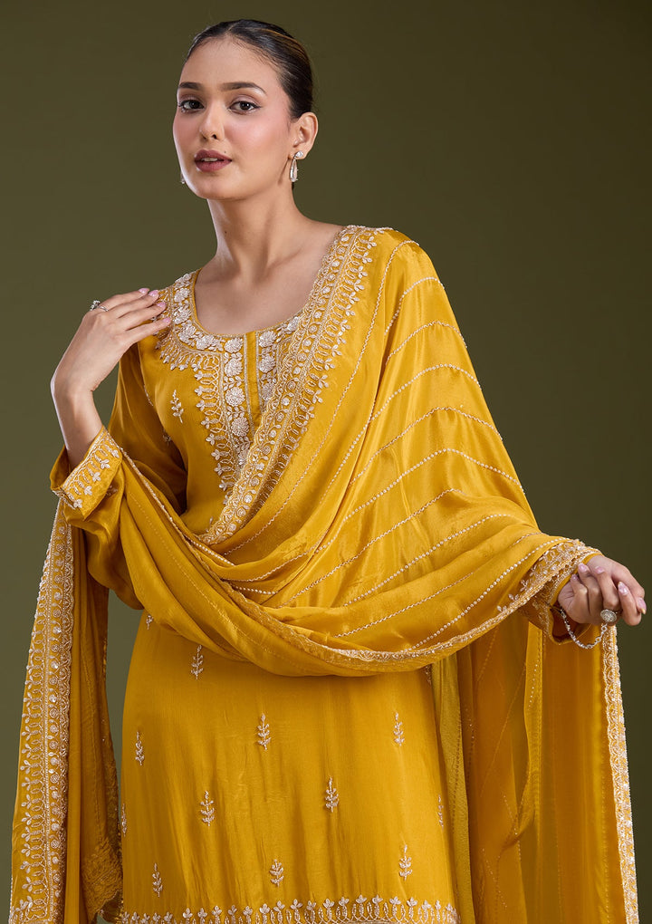Mustard Yellow Sequins Soft Raw Silk Readymade Salwar Suit