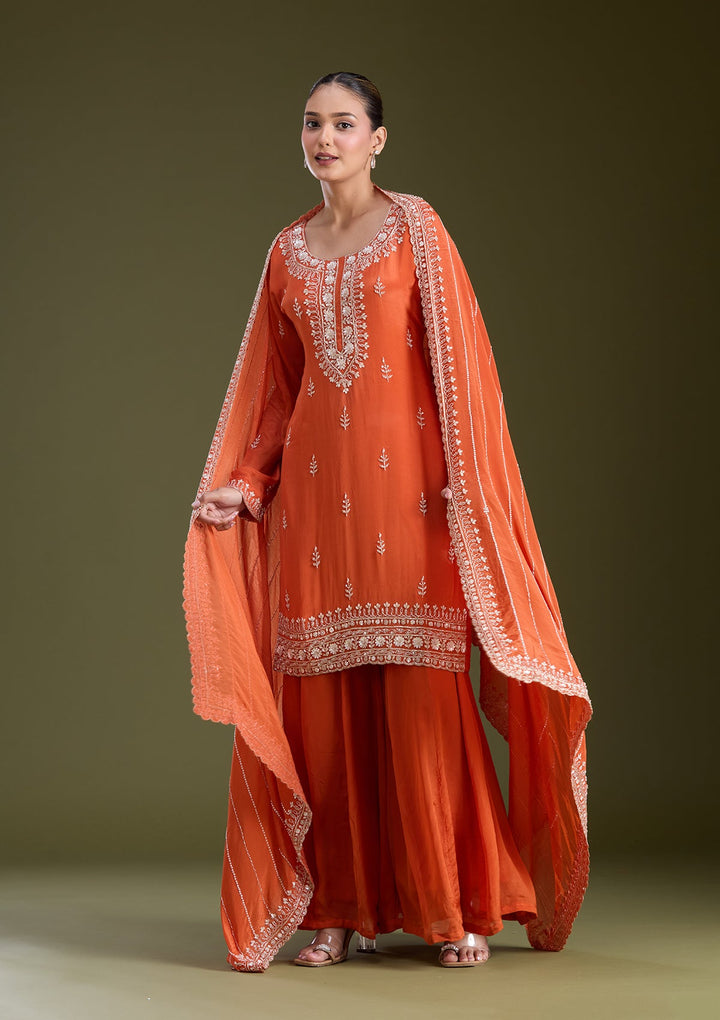 Orange Sequins Soft Raw Silk Readymade Salwar Suit