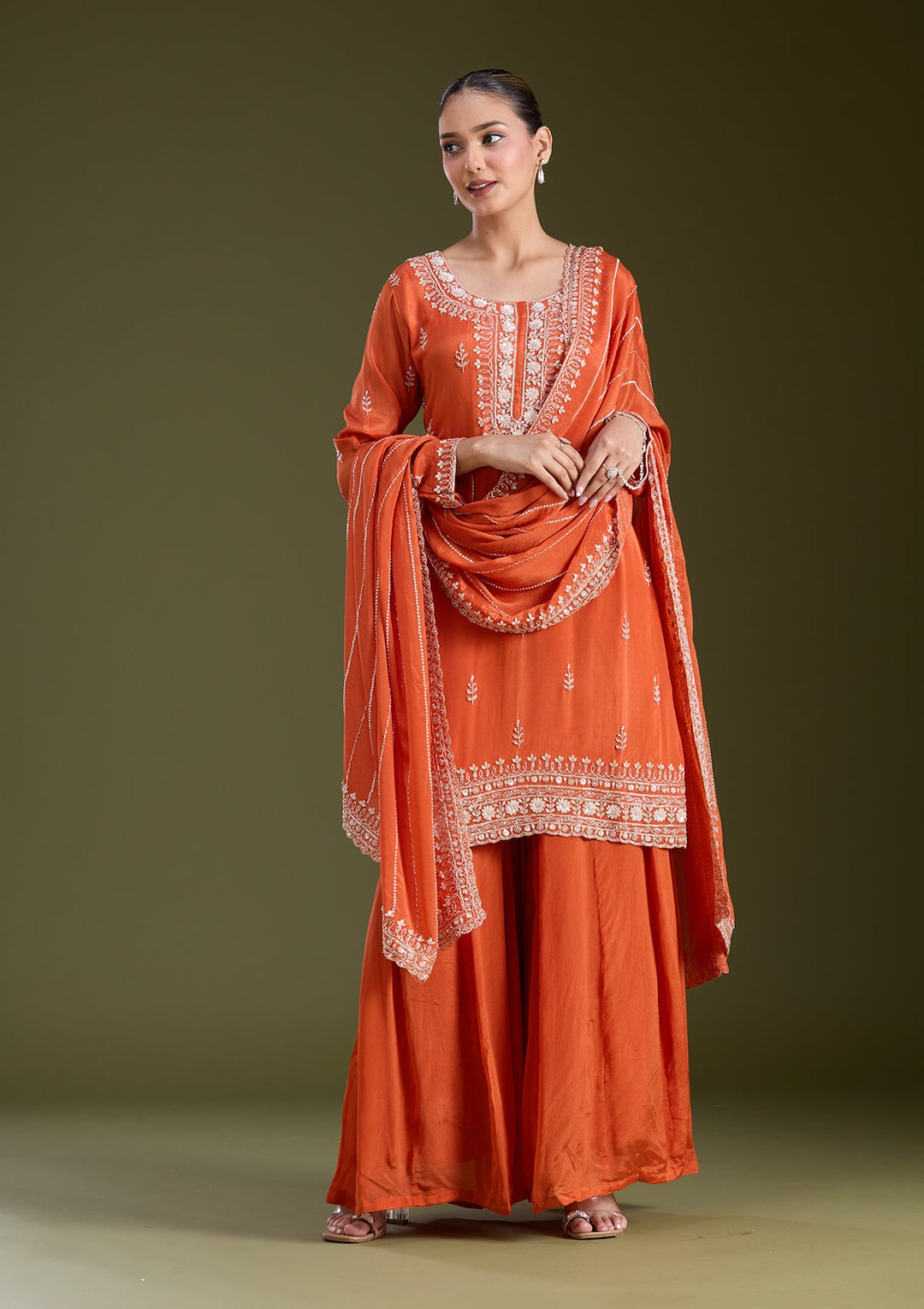 Orange Sequins Soft Raw Silk Readymade Salwar Suit