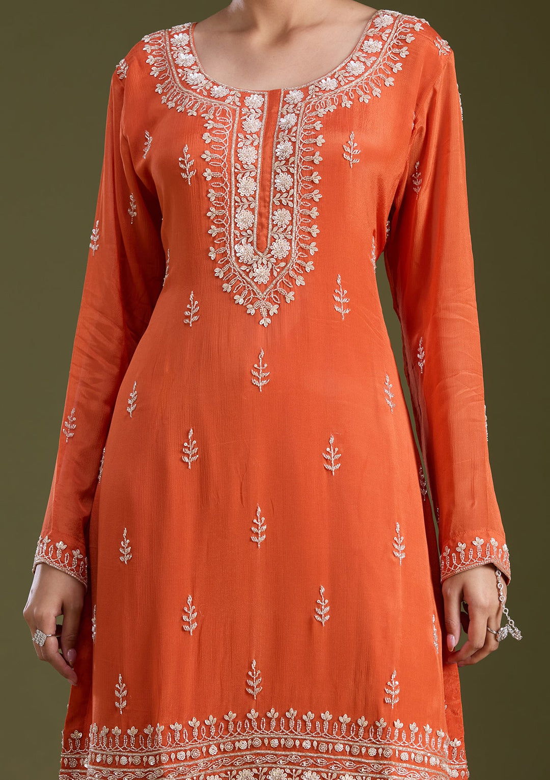 Orange Sequins Soft Raw Silk Readymade Salwar Suit