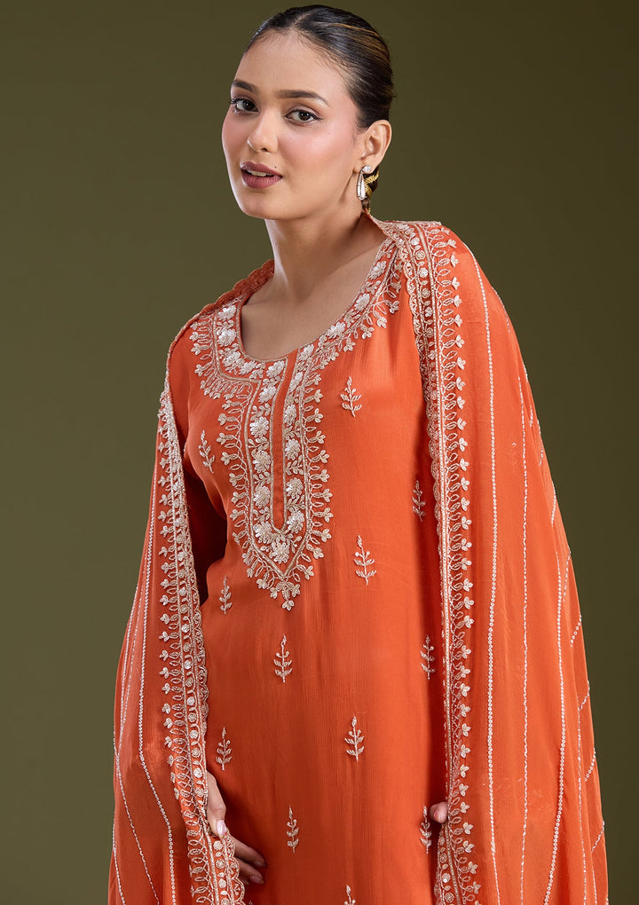 Orange Sequins Soft Raw Silk Readymade Salwar Suit