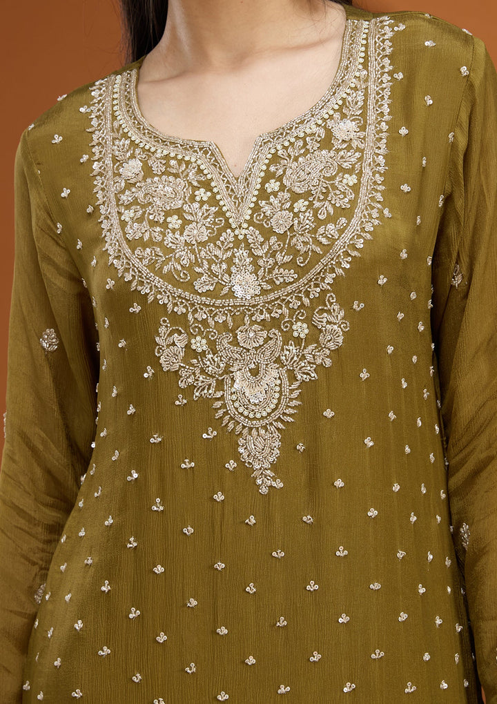 Mehandi Green Sequins Soft Raw Silk Readymade Salwar Suit