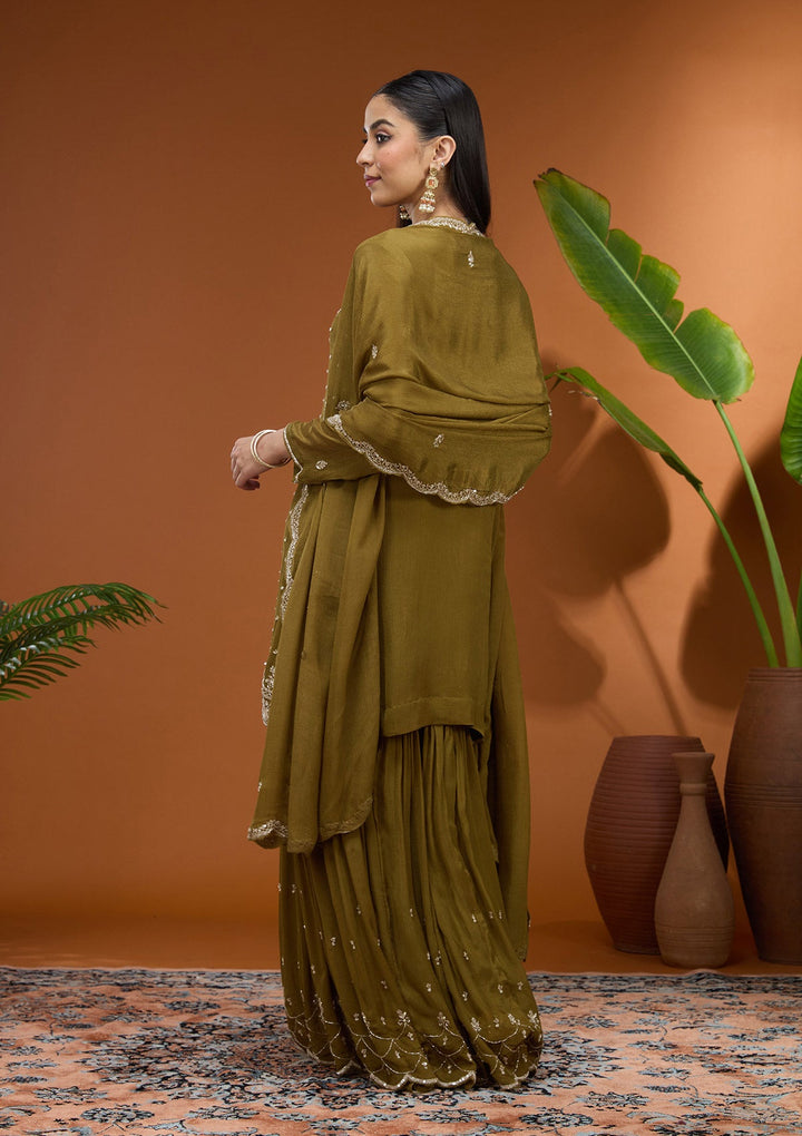 Mehandi Green Sequins Soft Raw Silk Readymade Salwar Suit