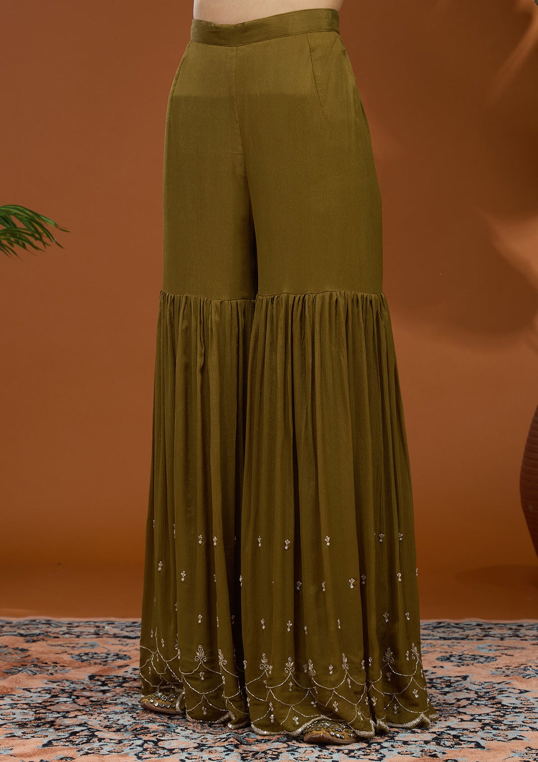 Mehandi Green Sequins Soft Raw Silk Readymade Salwar Suit