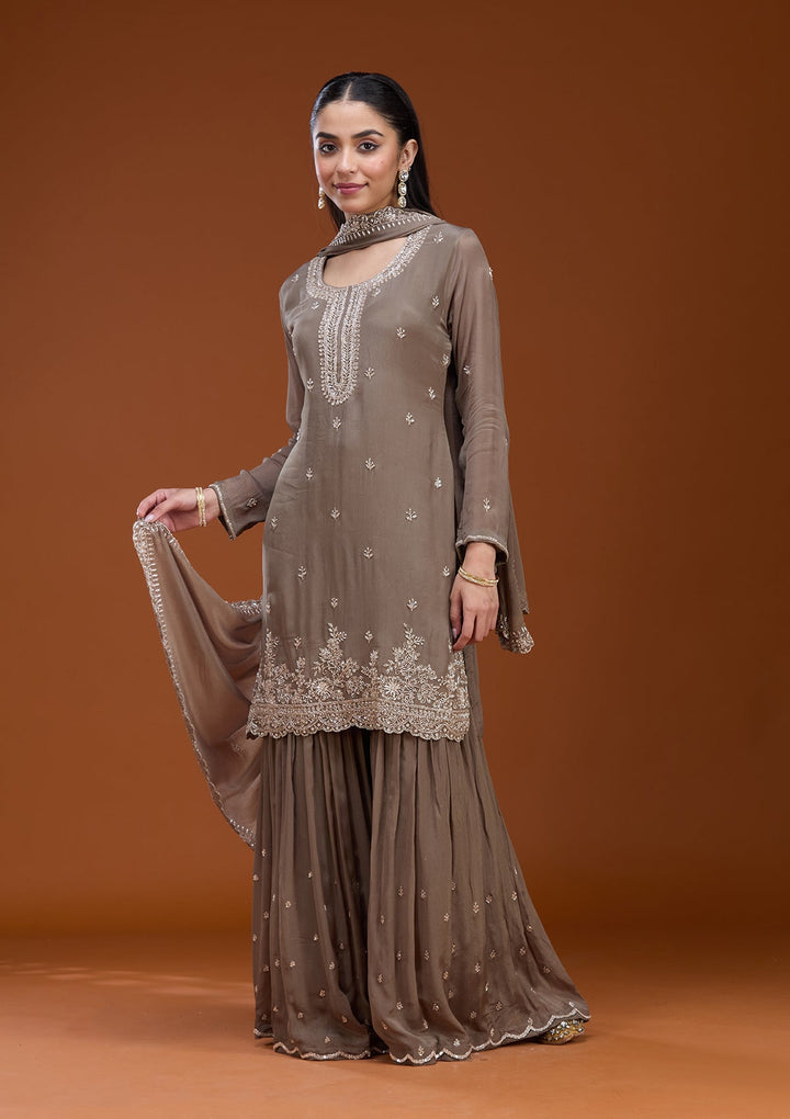 Dark Grey Sequins Soft Raw Silk Readymade Salwar Suit