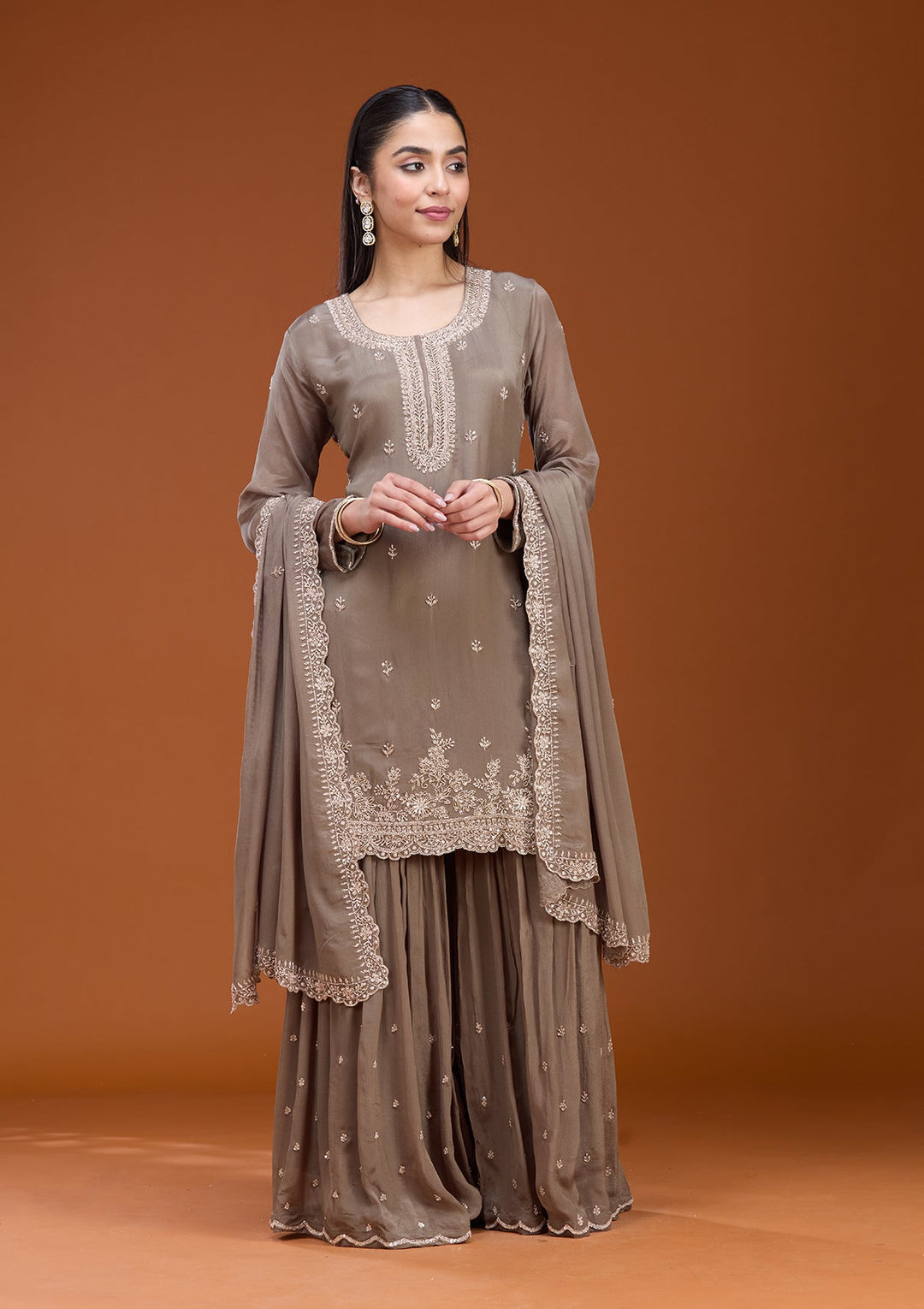 Dark Grey Sequins Soft Raw Silk Readymade Salwar Suit