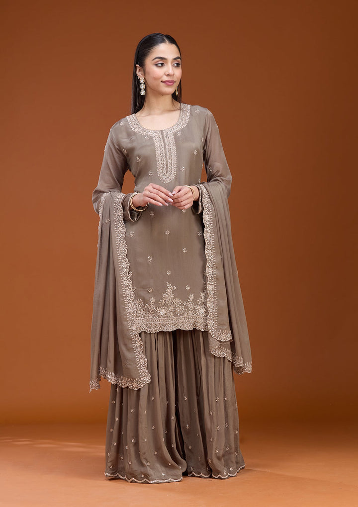 Dark Grey Sequins Soft Raw Silk Readymade Salwar Suit