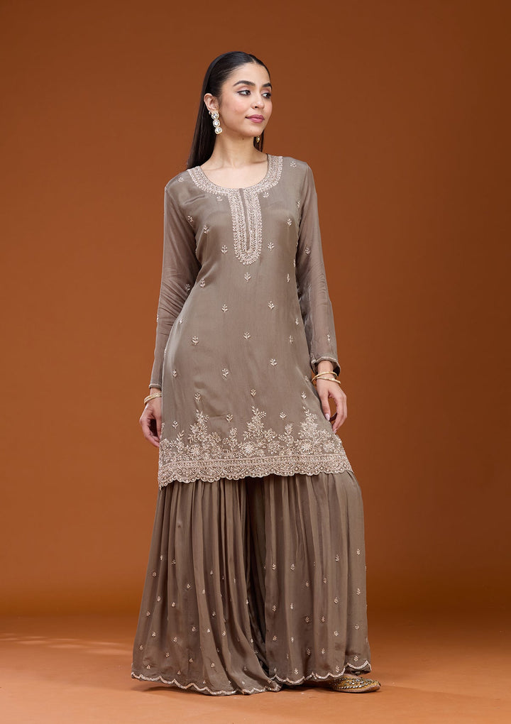 Dark Grey Sequins Soft Raw Silk Readymade Salwar Suit