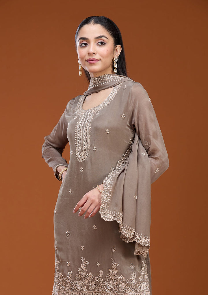 Dark Grey Sequins Soft Raw Silk Readymade Salwar Suit