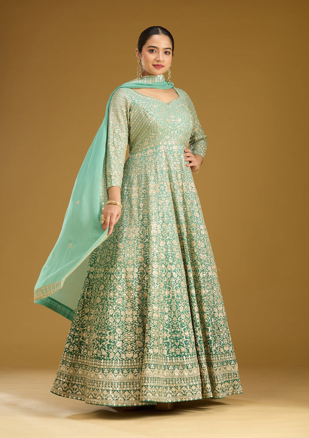 Sea Green Zariwork (Gold) Crepe Readymade Salwar Suit