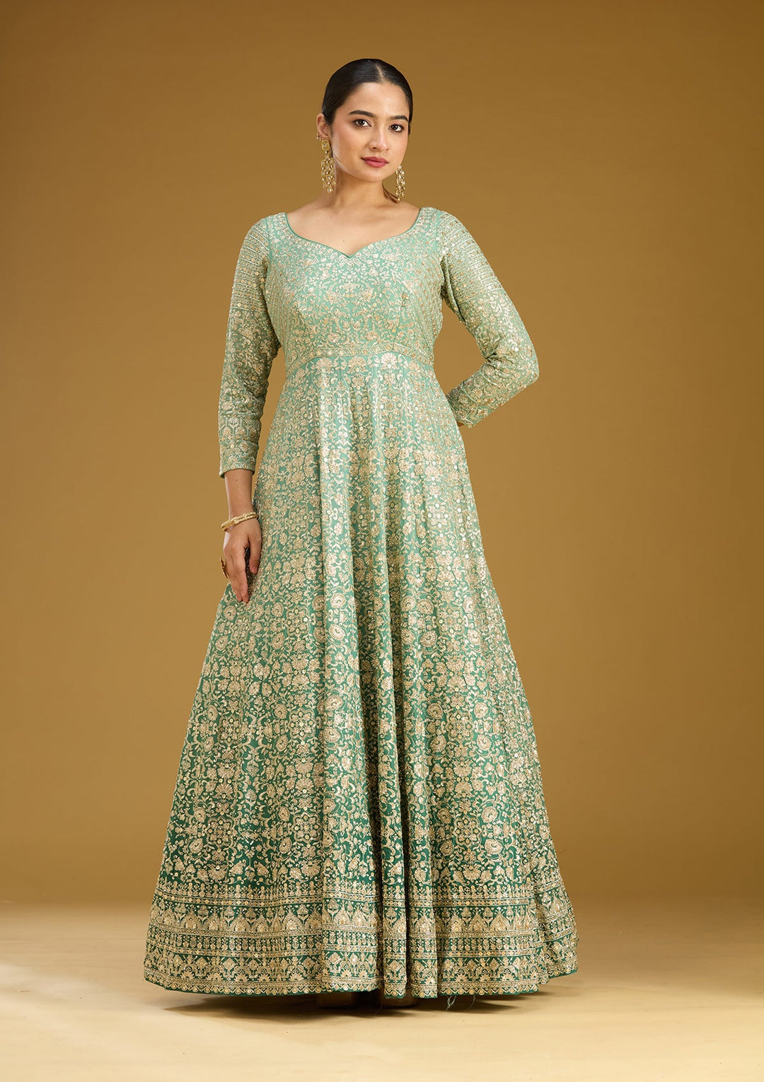 Sea Green Zariwork (Gold) Crepe Readymade Salwar Suit