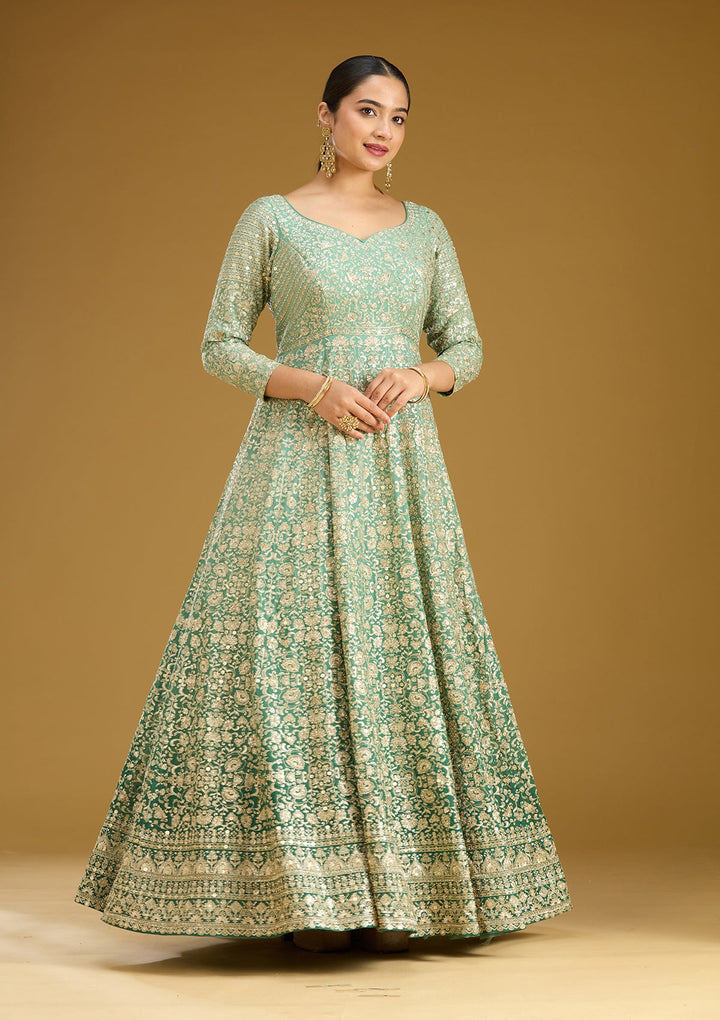 Sea Green Zariwork (Gold) Crepe Readymade Salwar Suit