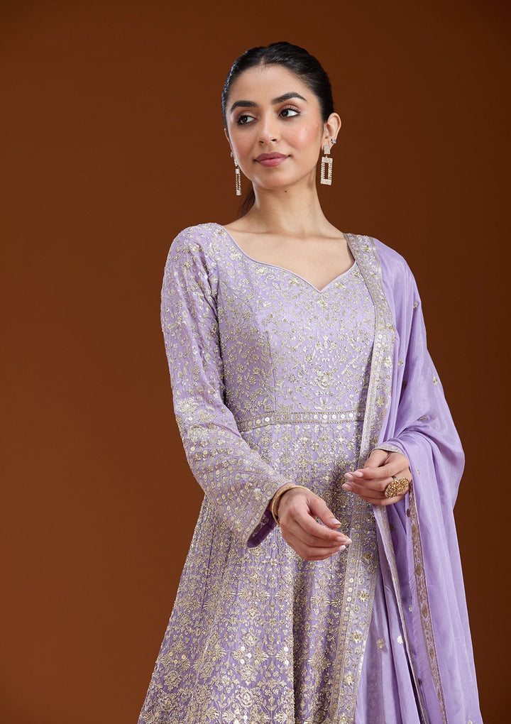 Lavender Zariwork (Gold) Crepe Readymade Salwar Suit-koskii