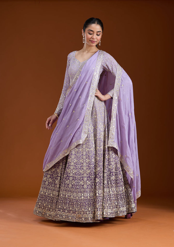 Lavender Zariwork (Gold) Crepe Readymade Salwar Suit-koskii