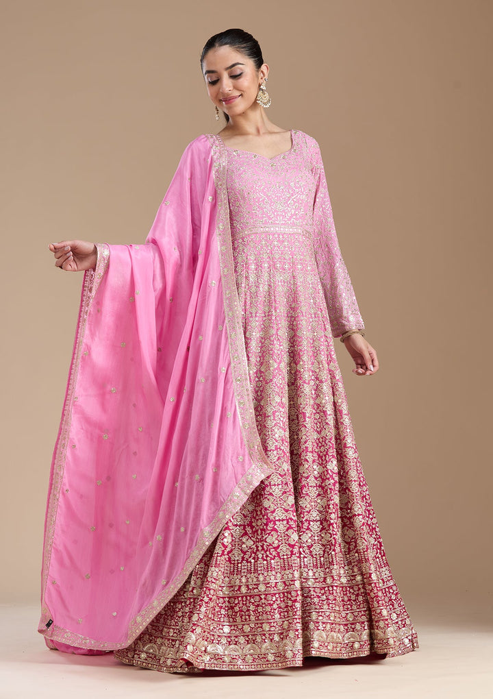 Pink Zariwork (Gold) Crepe Readymade Salwar Suit-koskii