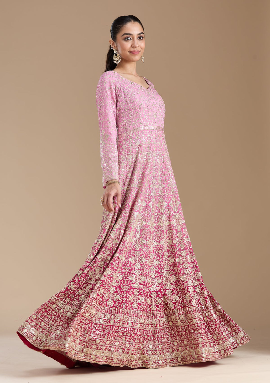 Pink Zariwork (Gold) Crepe Readymade Salwar Suit-koskii