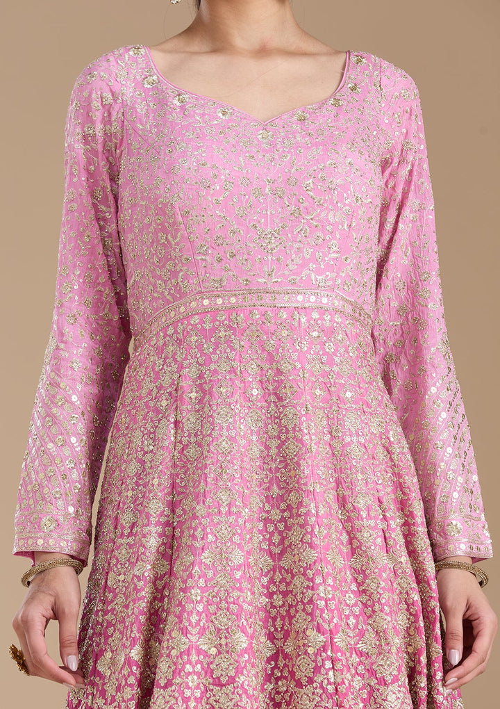 Pink Zariwork (Gold) Crepe Readymade Salwar Suit-koskii